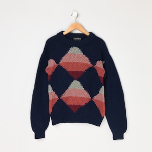 Vintage 90s Patterned Wool Sweater - hand knit, geometric, dark blue - Men&#39;s M
