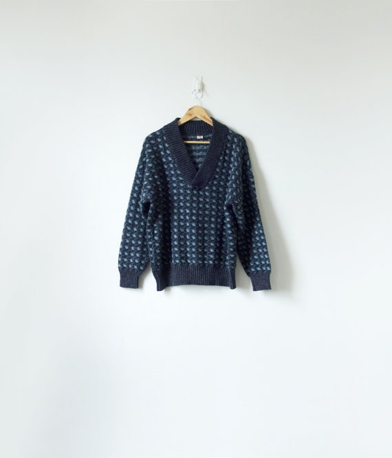 60s Blue & Gray Shawl-Collar Crosshatch Knit Sweat