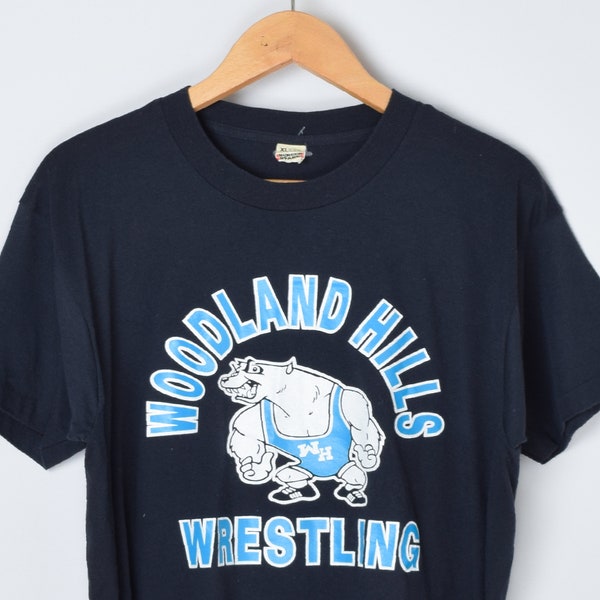 Vintage 70s Woodland Hills Wrestling T-Shirt - seventies, athletic, screen stars - Men's XL