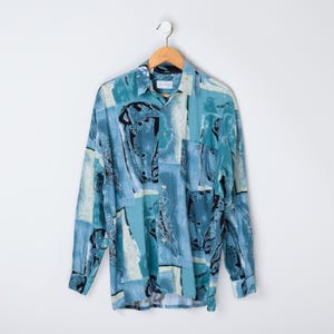Vintage 90s Turquoise Patterned Graphic Button-Down Shirt - nineties, psychedelic, indie sleaze - Men&#39;s XXL