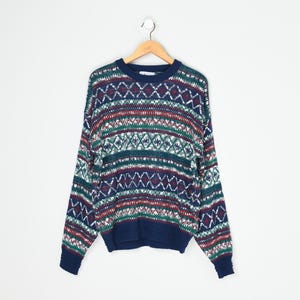 Vintage 90s Dark Blue Fair Isle Sweater - nineties, crew neck, pullover, knit, red, green, white, original tags - Men&#39;s XL