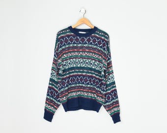 Vintage 90s Dark Blue Fair Isle Sweater - nineties, crew neck, pullover, knit, red, green, white, original tags - Men's XL