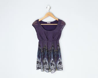 Vintage Y2k Dark Purple Printed Top - "Papaya" - made in usa - boho, festival, babydoll, 2000s clothing - Women's S