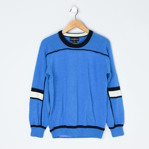 Vintage 90s Blue & Navy Striped Sweater - Jean Michaud - nineties, pullover, crew neck - Men&#39;s M
