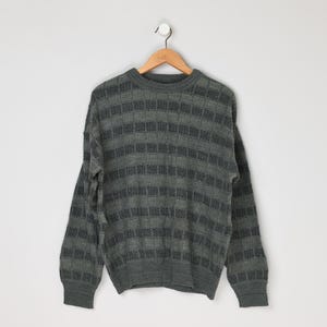 Vintage 90s Gray-Green Checkered Sweater - &quot;Expressions&quot; - nineties, knit, oversized - Men&#39;s M