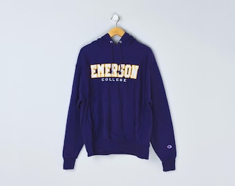 Vintage 2000s Emerson College Reverse Weave Hoodie - champion, purple, stitched lettering, pullover, sweatshirt - Men's L