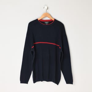 Vintage 90s Navy & Red Ribbed Knit Sweater - nineties, dark blue, pullover, all cotton knit - Men&#39;s XL