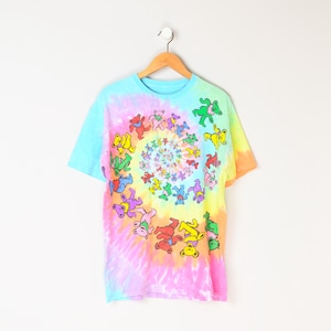 Vintage Y2k Grateful Dead Bear Spiral Batik T-Shirt - blau, psychedelic, surfer, tropisch - Männer L