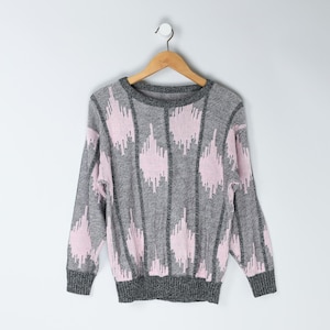 Vintage 90s Pink & Grey Patterned Knit Sweater - nineties, abstract, geometric, pastel - Men&#39;s M