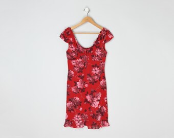 Vintage Y2k Red Printed Ruffled Mini Dress - hugo buscati, tie at bust, 2000s clothing, made in usa - Women's Size 8 (M/L)