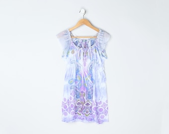 Vestido mini vintage Y2K morado con estampado paisley y fruncido - Estilo años 2000, psicodélico, desenfadado, ideal para festivales - Talla M de mujer