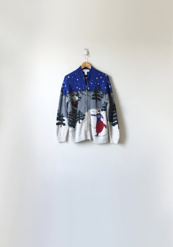 90s Winter Ice Skaters Zip Sweater - Kitschy Holid