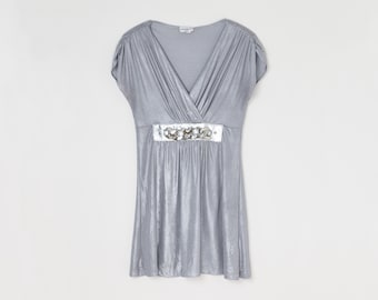 Vintage Y2k Silver Wrap Top with Chain -- "muaa u.s.a." -- 2000s clothing, metallic, made in usa - Women's M