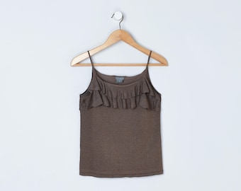 Vintage Y2k Shimmery Ruffled Cami Top - "ann taylor petites" - 2000s clothing, spaghetti straps - Women's M