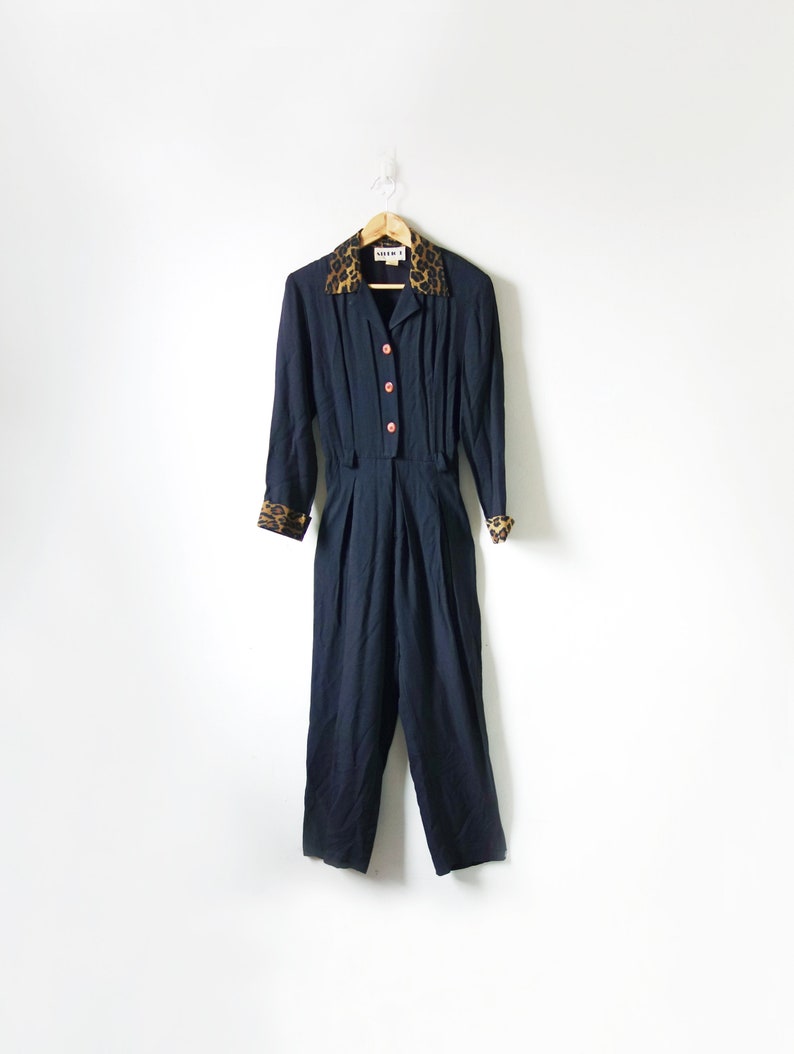 Women/'s XSS 80s Jumpsuit XSS 80s Black Jumpsuit with Leopard Print Collar /& Cuffs 80s Romper 26 waist