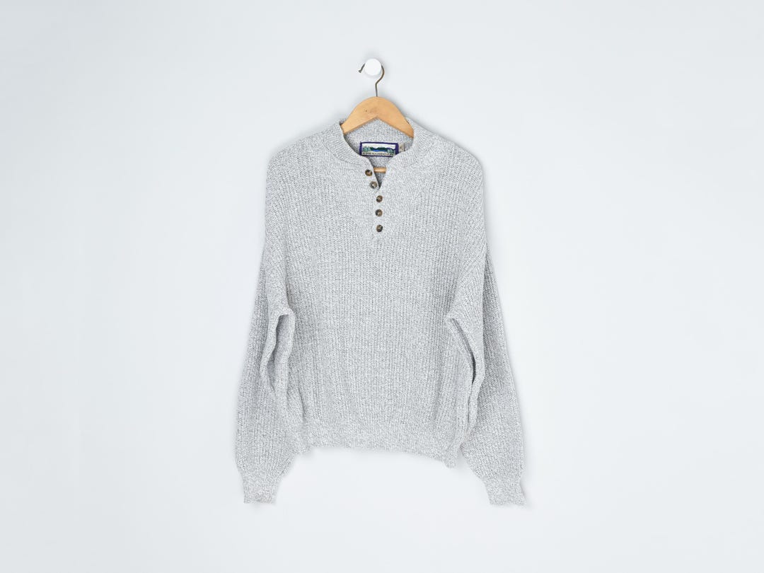 Vintage 90s Oatmeal Marled Camp Sweater - Button Neck, Beige, Tan
