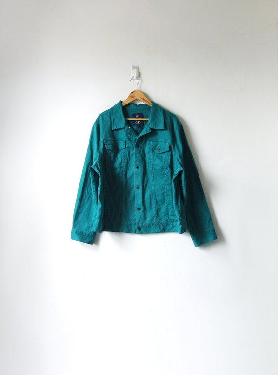 90s Big Green Riveted Denim Jacket - Oversize Deni