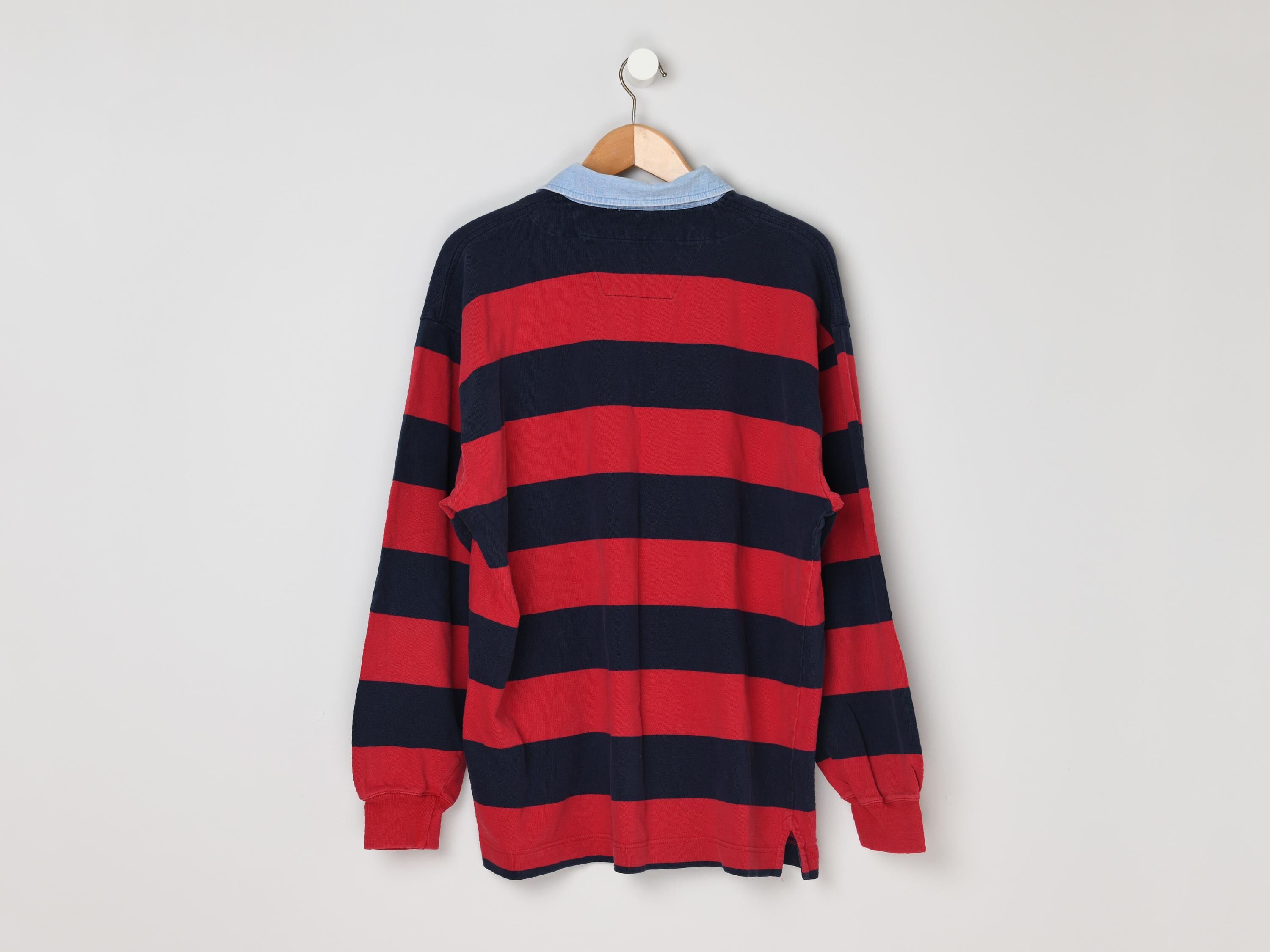 Vintage 90s Nautica Rugby Shirt - 100% Cotton - Red & Navy, Denim