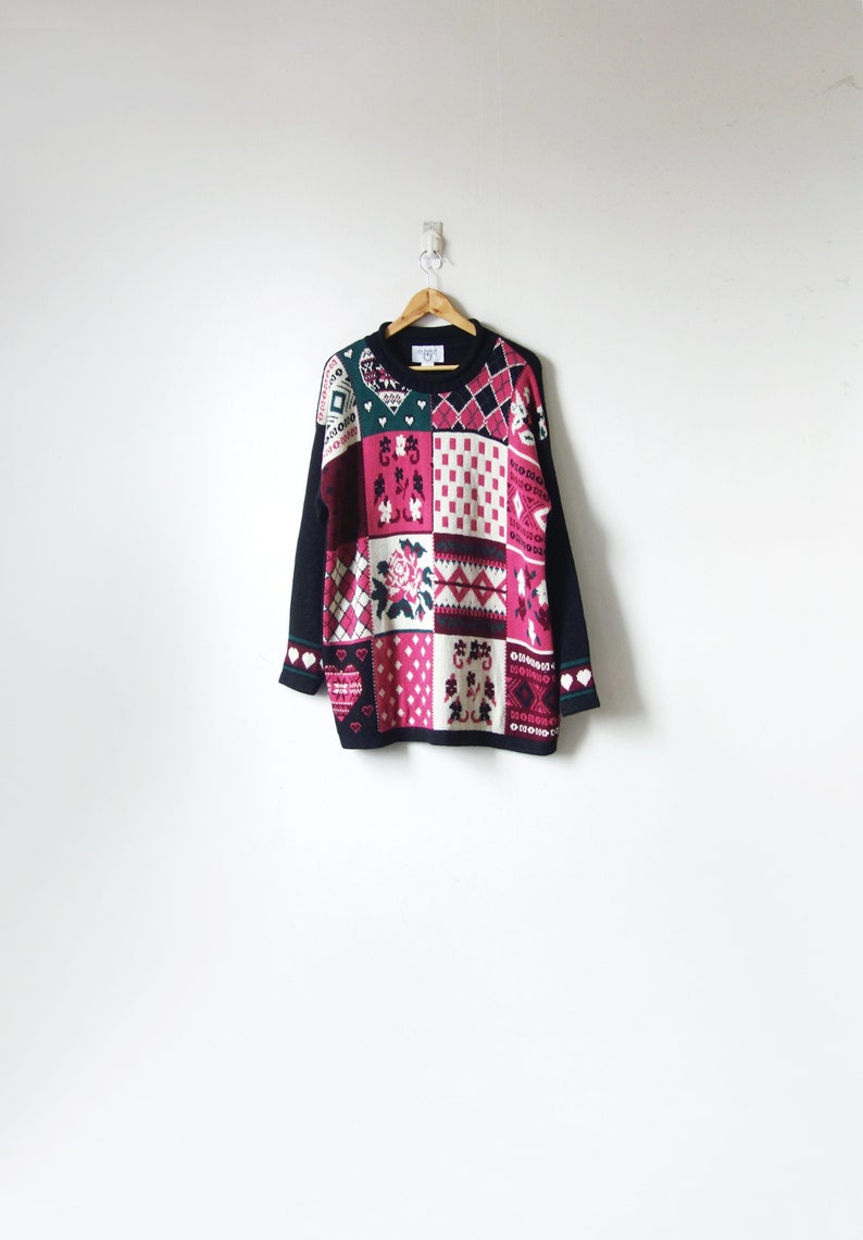 Oversize Sweater 80s Pink /& Purple Flowers and Patterns Sweater Women/'s M Big 80s Sweater