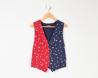 Chaleco vintage de los años 90 con estrellas rojas, blancas y azules, fabricado en EE. UU., Estados Unidos, bandera estadounidense, talla L para hombre