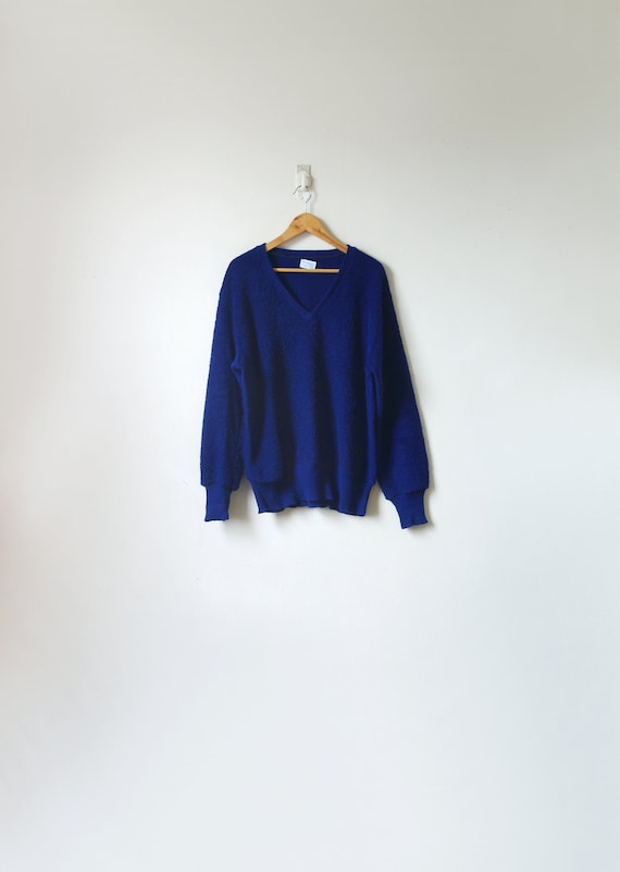 1950s Navy Blue Terry-Knit Sweater - 90s Sweater -