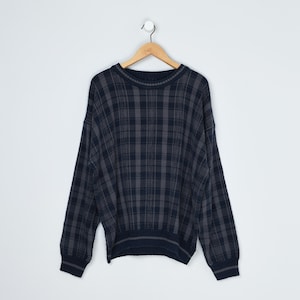 Vintage 90s Navy & Grey Plaid Knit Sweater - nineties, oversized, pullover, crew neck - Men&#39;s XXL