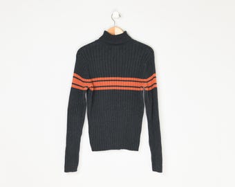 Vintage Y2k Dark Grey & Orange Striped Ribbed Turtleneck - fitted, gray, all cotton knit, sweater, pullover - Men's S