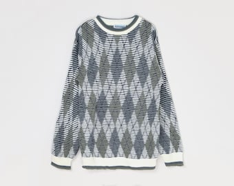 Vintage 90s Argyle Knit Sweater - teal, olive, white, made in usa, oversized - Men's L