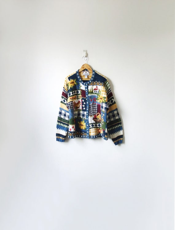 90s Kitschy Farms & Flowers Cardigan - Vintage Car