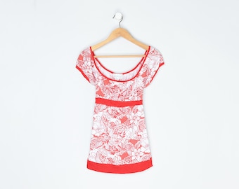 Vintage Y2k Red & White Printed Tied Babydoll Top - 2000s clothing, made in usa - Women's M
