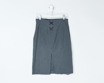 Vintage Y2k Paneled Gray Midi Skirt - 2000s clothing, grey, slit & ribbon lacing at back - Women's 6 // 30" Waist