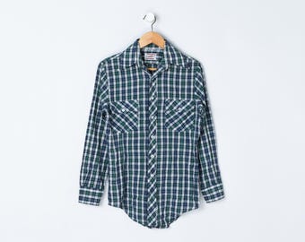 Top vintage de los años 70 de Peter Ashley en color verde azulado y morado con volantes - manga larga, abotonado, estilo pradera, ligero - talla 10 de mujer, equivale a una M