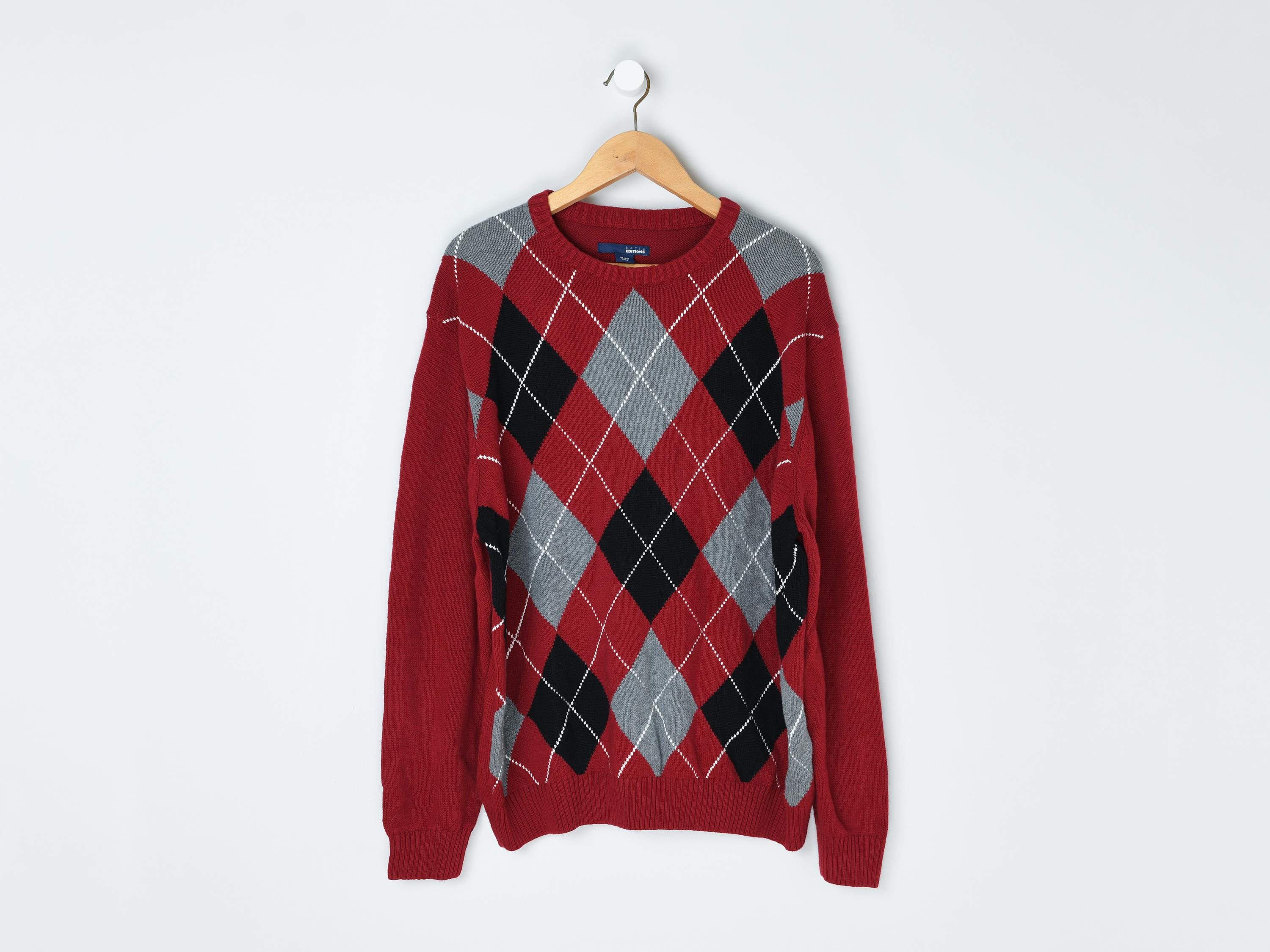 Vintage 2000s Dark Red Argyle Sweater Gray, Black, Patterned