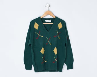 Vintage 90s Pringle of Scotland Golf Sweater - preppy, wool, dark green - Men's S