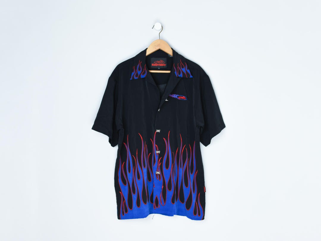 Vintage Y2k Blue, Red & Black Flames Shirt - 2000s Clothing, Biker