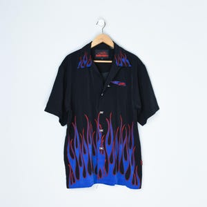 Vintage Y2k Blue, Red & Black Flames Shirt - 2000s clothing, biker, metal skulls, short sleeve buttoned shirt - Men&#39;s L