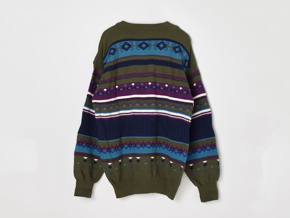 Vintage 90s Dark Green, Blue & Purple Knit Sweater - Striped