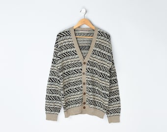 Vintage 90s Tan Zig-Zag Patterned Cardigan - "Oak & Clay" - nineties, striped, oversized, made in usa - Men's L