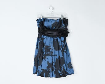 Vestido mini vintage Y2k sin tirantes con rosa negra y lazo de tela - Ropa de los años 2000, azul oscuro, negro - Talla 42 para mujer