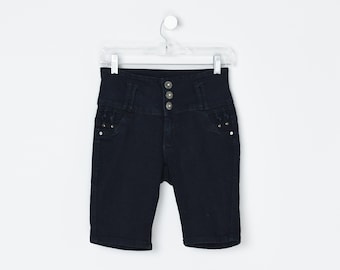 Vintage Y2k Black Stretch Skinny Denim Shorts - "tush push" - rhinestones, studded & looped pockets, 200s clothing - Women's Size 9