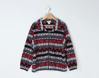 Chaqueta polar vintage de los 90 con estampado negro y rojo - Mujer talla pequeña L