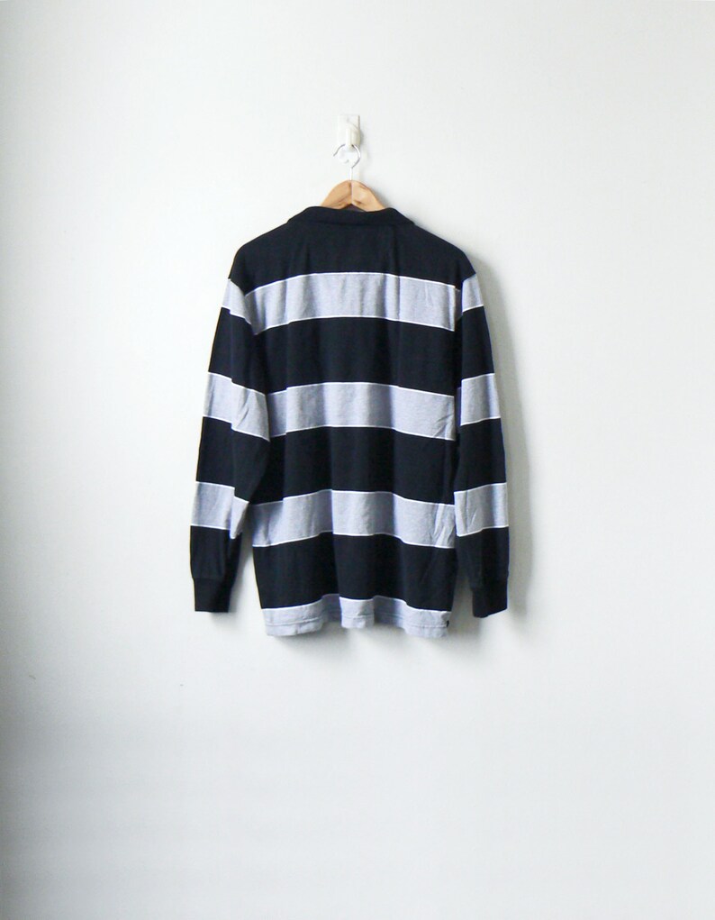 90s Gray /& Black Block Stripe Rugby Shirt Men/'s XL 90s Hip Hop Clothing