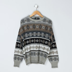 Vintage 90s Beige & Gray Patterned Knit Sweater - tan, brown, oversized, made in italy - Men&#39;s M