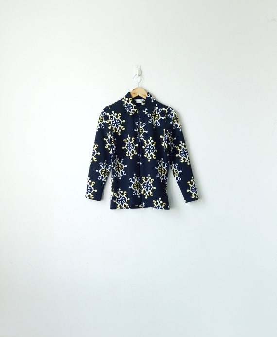 S // 70s Black & White Patterned Collared Top - Vi