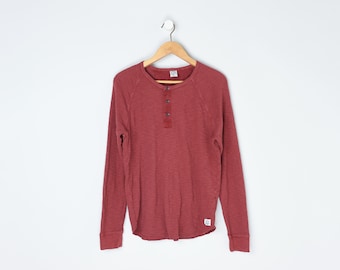 Vintage Y2k Lucky Brand Henley-shirt - kleding jaren 2000, steenrood, thermisch, knoopsluiting - M . heren