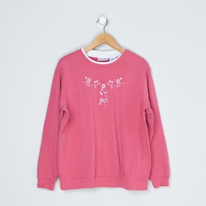Vintage 90s Pink & White Flowers Sweatshirt - nineties, kitschy, embroidered, floral, crewneck, pullover - Women&#39;s L