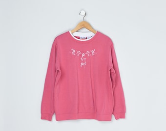 Sudadera vintage de flores rosas y blancas de los 90: estilo kitsch, bordada, floral, cuello redondo, estilo pulóver - Mujer L