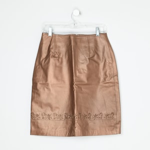 Vintage Y2k Bronze Leather Midi Skirt with Beading -- &quot;david benjamin&quot; - 2000s clothing, metallic, tan, taupe - Women&#39;s S (26&quot; Waist)