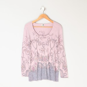Vintage Y2k Pink Patterned Long-Sleeve Knit Top - 2000s clothing, hippie, pastel - Women&#39;s XL