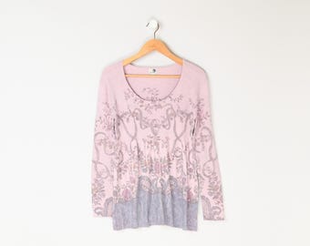 Vintage Y2k Pink Patterned Long-Sleeve Knit Top - 2000s clothing, hippie, pastel - Women's XL
